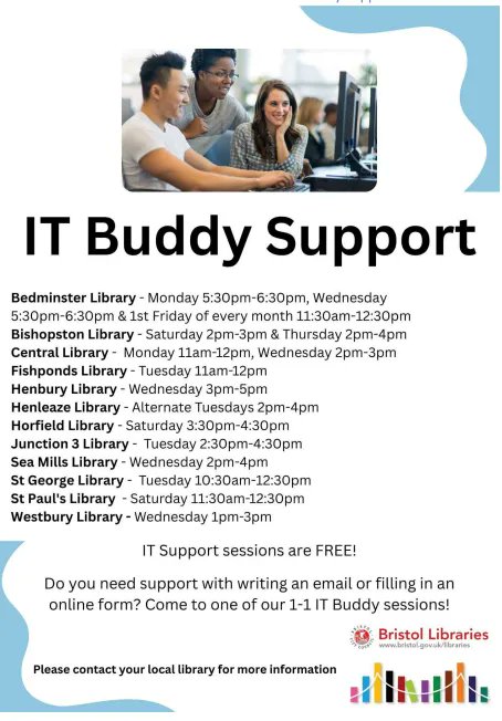 WellAware_TCF's tweet photo. Do you need some IT Support? Bristol Libraries run these helpful IT Buddy sessions. https://t.co/GjmfE2uzjj