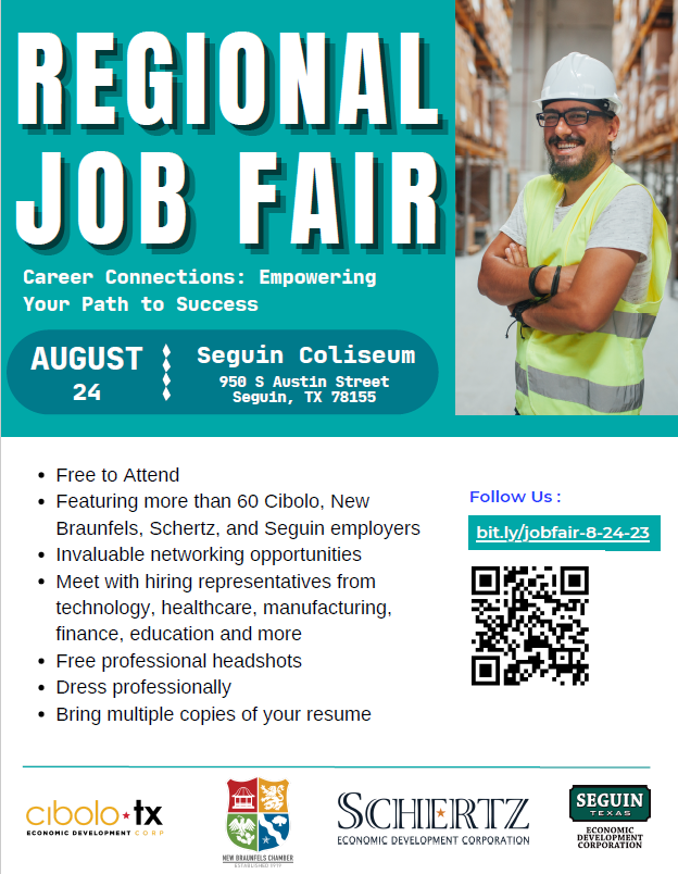 CiboloEconDev's tweet photo. Attention Employers &amp; Job Seekers!

The Summer '23 Regional Job Fair will be taking place August 24th from 10AM-2PM @ the Seguin Coliseum in partnership with Cibolo Economic Development, Seguin Economic Development Corporation, City of Schertz - Government, New Braunfels Chamber! https://t.co/PPD34RuGCd