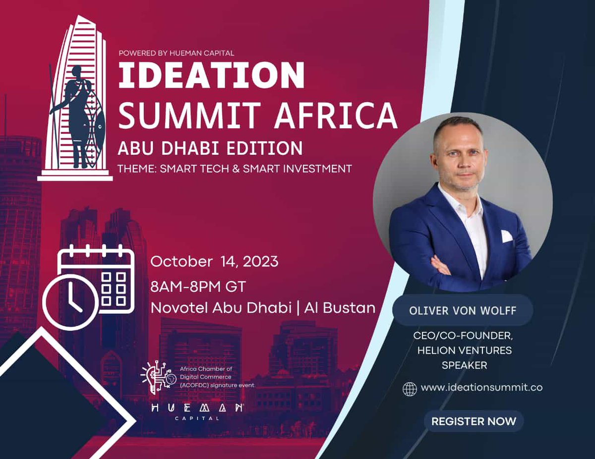RT <a href="/acofdcinc/">Africa Chamber Of Digital Commerce (ACOFDC)</a> <a href="/dcntrlzdmedia/">d/Media @ Decentralized Media / #dcntrlzdmedia</a>
IDEATION Summit Africa Abu Dhabi Edition 
Confirmed Speaker 
@OlivervonWolff CEO/Co-founder @helion_ventures 
#tech #investment #web3
#Gulf
#Africa
