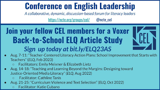 ncte_cel's tweet photo. Not yet a member of CEL?
1. Join @ncte
2. Log into your account
3. Add our English Leadership Quarterly journal (#CEL_ELQ), edited by @CodyMillerELA, for $25 to your membership
As a member, you can register for our summer #CEL_ELQ article studies!: https://t.co/jZMImtBq8n https://t.co/kuUovAYLZq