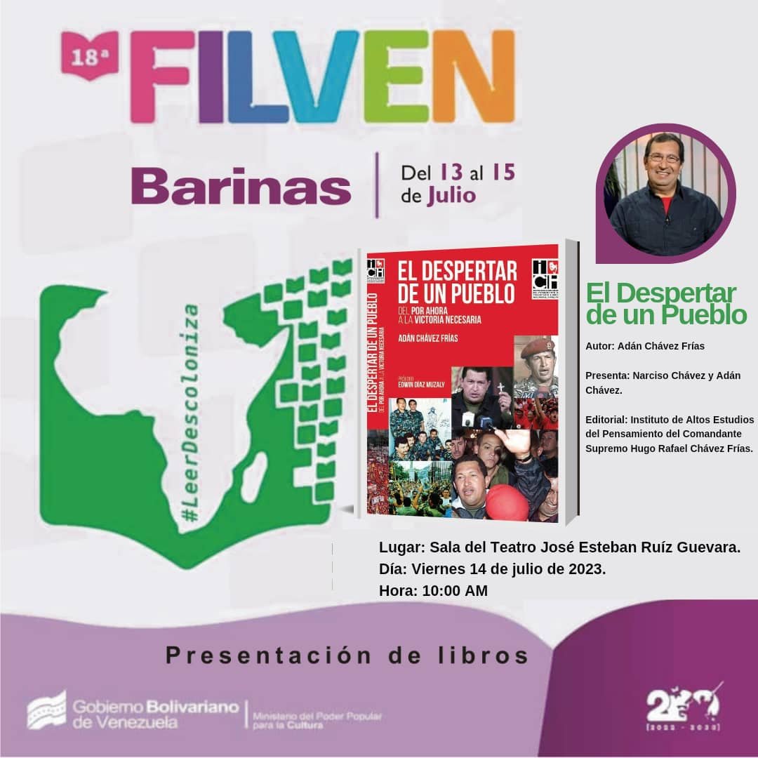 HOY❗️🗣️

En la FILVEN Internacional 2023.
Presentación de Libros del @InstitutoHugoCH, por parte de los Profesores @Adan_Coromoto y @NachoChavez4f.

🇻🇪'El Despertar de un Pueblo', y  
🔴'Febreros y Abriles'

#LeerDescoloniza @VillegasPoljak #VivaLaPoesía @filven_cenal @gerard_tur