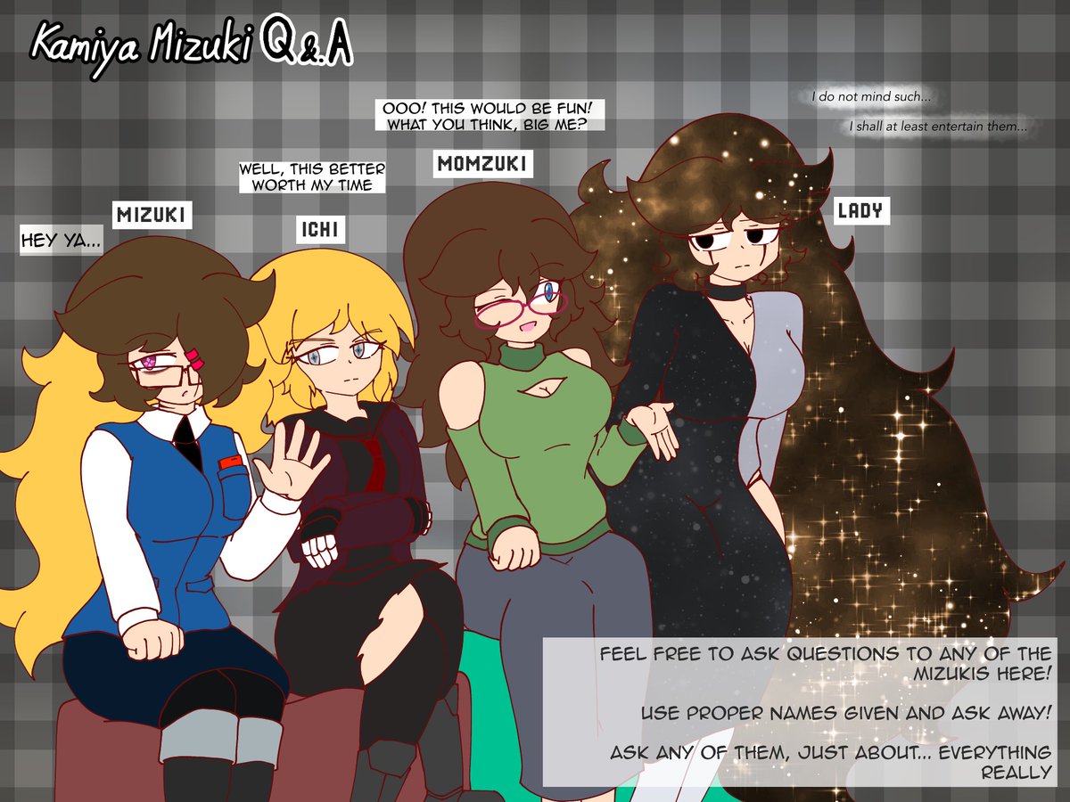 Aight well here it is, asking questions bout my ocs and stuff And the guests... All Mizukis! Ask under this tweet with proper names You can ask all of them with one question as well!
