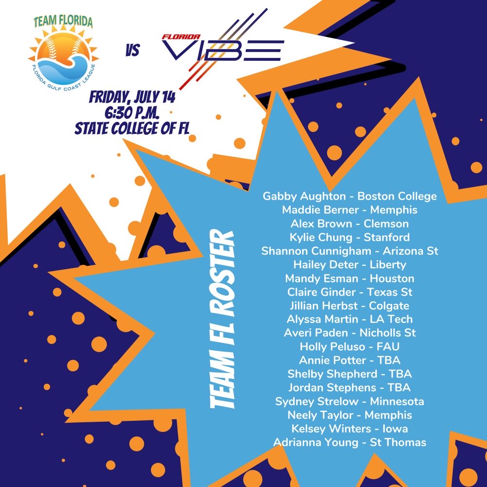 FGCLsoftball's tweet photo. We aren’t quite done yet!  Tonight, ⁦@FGCLTeamFlorida⁩ will compete versus the ⁦@vibesoftball⁩! 

$10 entry, under 12 free, travel ball jerseys being worn, free entry 

📍: State College of Florida, Bradenton

⏱️: 6:30 PM ET

📺: https://t.co/Hf1wDeD8c1 https://t.co/XqR2DRrNb4