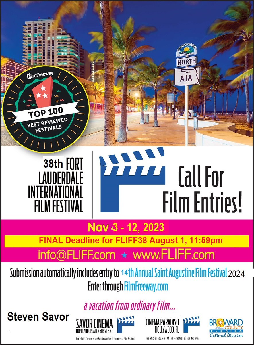 gregfliff's tweet photo. The Final Deadline to submit a film to the 38th Fort Lauderdale Intl Film Festival is 11:59pm, August 1st. FLIFF rates in the Top 100 film fests from over 14,000 by FilmFreeway. #fliff38 #fortlauderdaleinternationalfilmfestival https://t.co/KtB3vCpkpW https://t.co/j3AYJri9qJ