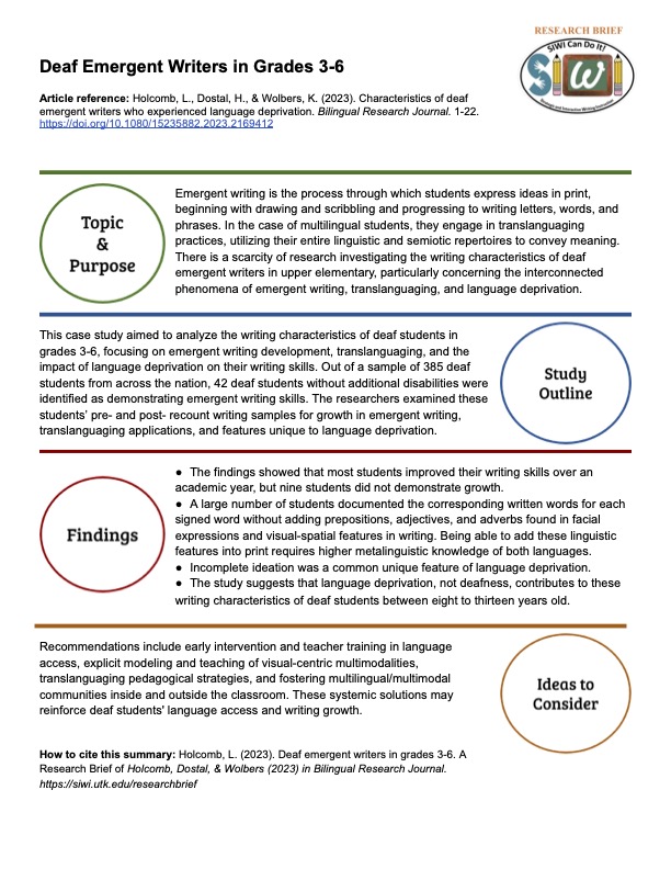 In our ASL and English briefs, we describe the existence of deaf emergent writers in grades 3-6 and the impact of language deprivation. Check them out!

ASL Brief: youtube.com/watch?v=ALacBe…