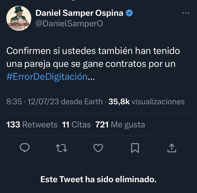 DonIzquierdo_'s tweet photo. A @DanielSamperO se le borró este tuitazo. Debe ser porque su esposa Claudia García se ganó un contrato por 931 millones de pesos durante el gobierno Santos. ¿Será que fue un error de digitación?

Vamos a recordarle. https://t.co/HN2xcuXXlK
