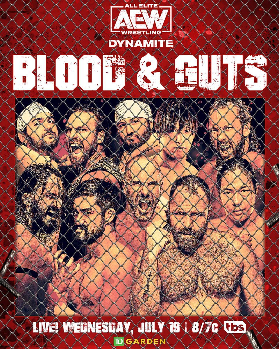 AEW's tweet photo. Omega. Hangman. Nick. Matt. Ibushi. vs. Mox. Claudio. Pac. Yuta. Takeshita.

#TheGoldenElite vs. #BlackpoolCombatClub

It's FINALLY here!

#AEWDynamite presents #BloodAndGuts THIS WEDNESDAY NIGHT at 8pm ET/7pm CT on TBS!

🎟️ https://t.co/UN1cNj1kQq | https://t.co/Y4EcTO5v4i https://t.co/BVxuQXq9YG