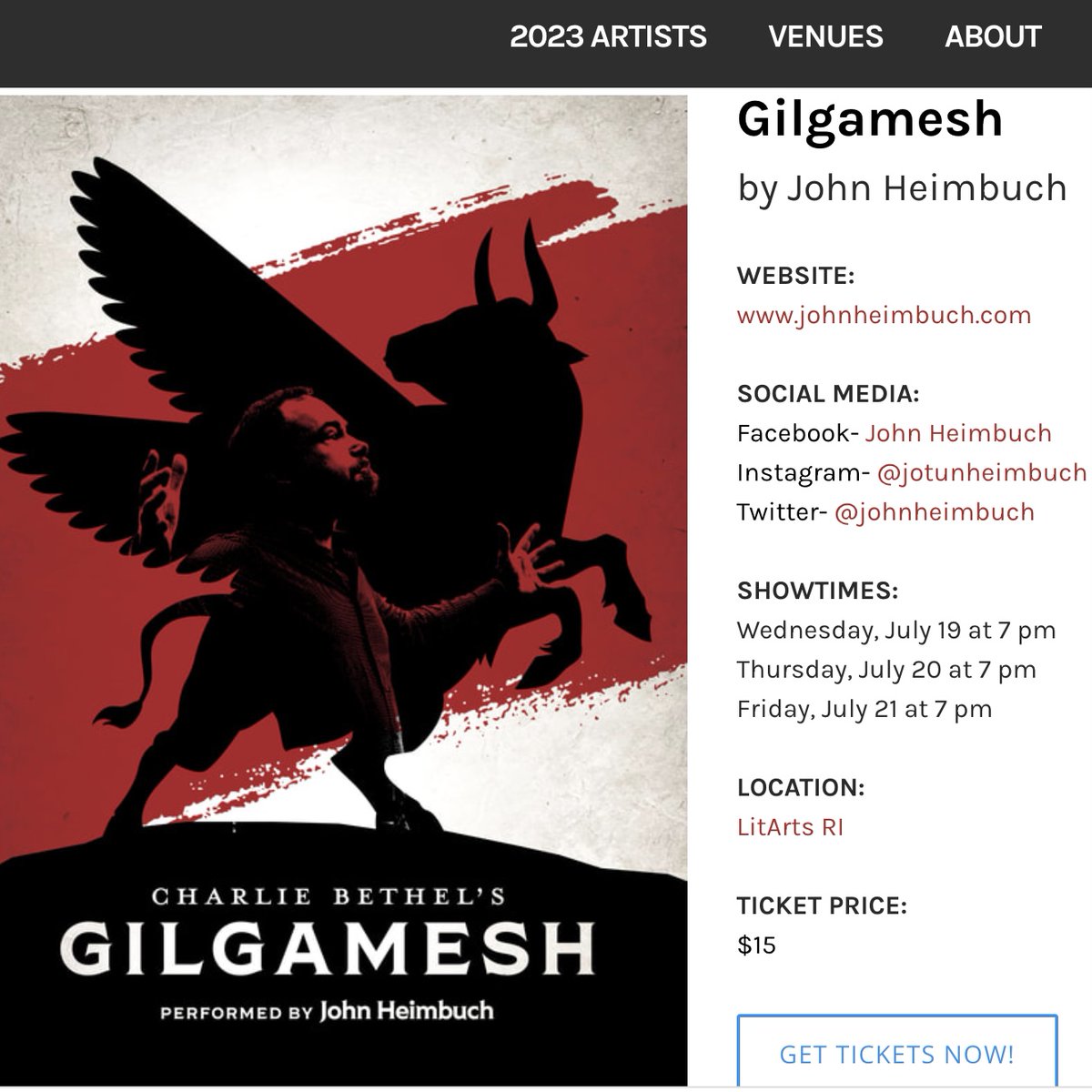 LitArts RI is privileged to be part of the Valley Arts District in PVD, which means we get to be a venue @fringepvd! We’re excited to host Charlie Bethel’s “Gilgamesh,” performed by John Heimbuch <a href="/johnheimbuch/">John Heimbuch</a> Wed-Fri at 7pm here at LitArts RI! fringepvd.org/gilgamesh for tix.