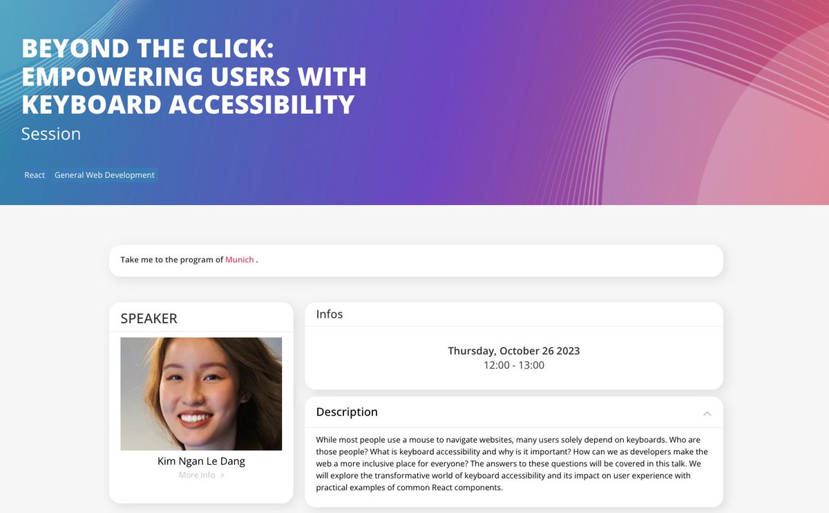 Happy to share that I'll give a talk about accessibility at the International JavaScript Conference in Munich this October! 😍 🎉 26.10.2023!
Many other amazing talks are coming up in this 5-day event. 🙌
I'm very excited to see Munich and join iJS for the first time! See you 👋