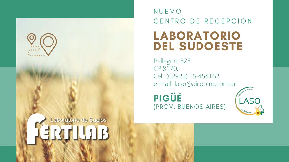 FertilabLab's tweet photo. Tenemos el agrado de informar la incorporación de un nuevo centro de recepción de muestras en la ciudad de Pigüé y alrededores (Prov. Buenos Aires): LABORATORIO DEL SUDOESTE. Bienvenidos!!
#pigüé #fertilab #laboratorio #suelos #analisis #laso #pigue https://t.co/V9QT51Wan3