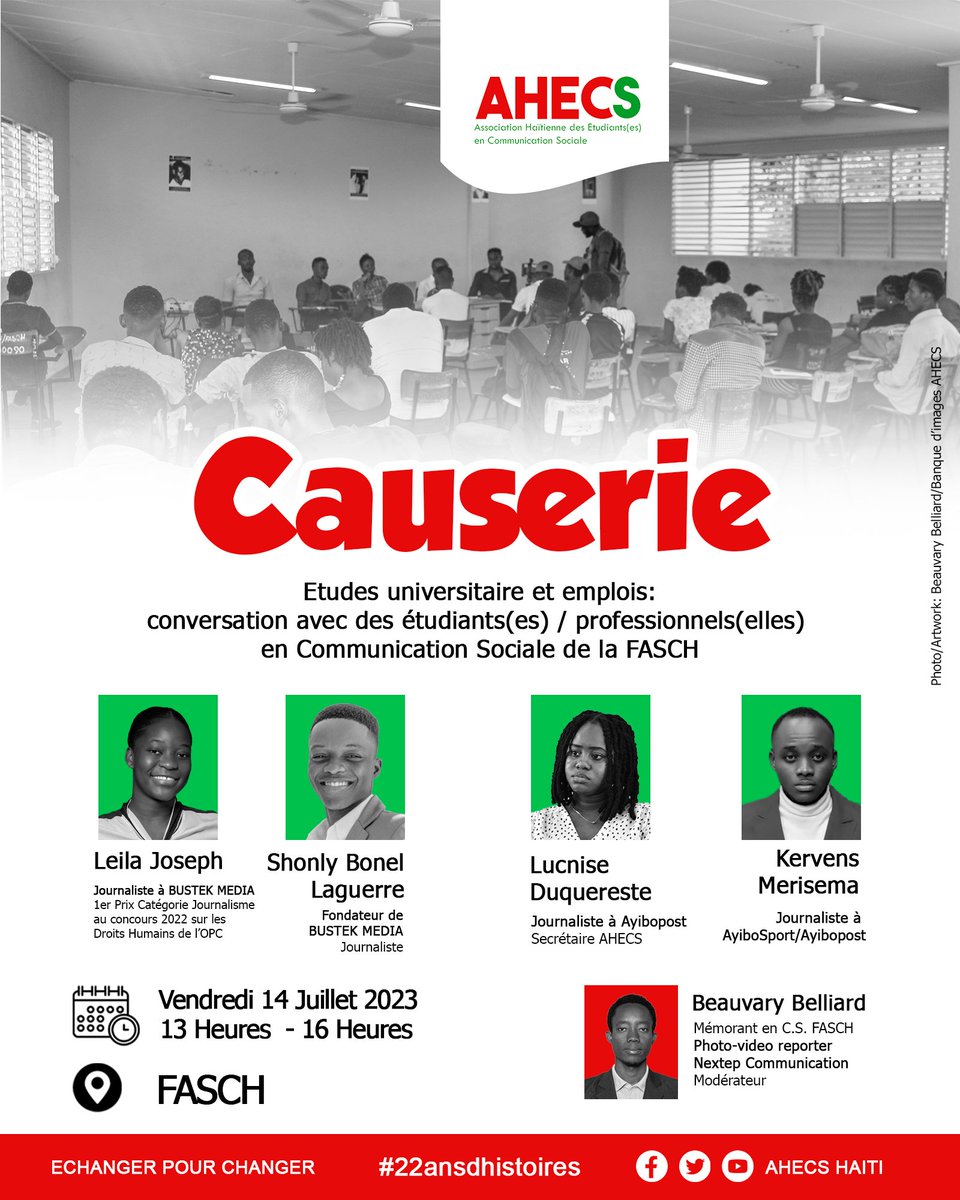 Je dirige cette causerie spéciale aujourd'hui à la FASCH avec des etudiants(tes) du département de la communication sociale. Merci <a href="/AhecsH/">AHECS Haiti</a>