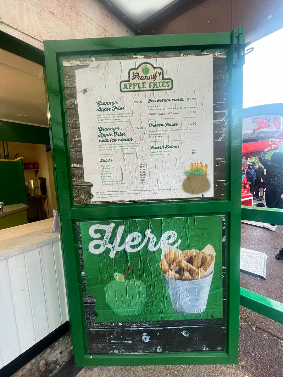 zachariahassler's tweet photo. Granny’s Apple Fries is now open At Thorpe Park and I Can confirm there delicious £5:50 before Disount for Apple fries with cream. Will you be trying out these new sweat treats on the island like no other Thorpe Park ? 🍟🍏#thorpepark #applefries #yum #delish https://t.co/345aLNXzLY