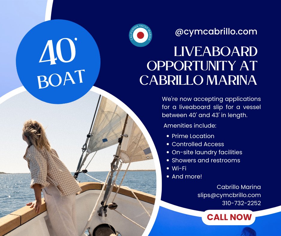 CabrilloMarina's tweet photo. 🚤 Liveaboard Opportunity in San Pedro, CA! ⚓️

🌊 CYM-Cabrillo Marina has a liveaboard slip available for a vessel between 40’ and 43’ in length. Experience the ultimate boating lifestyle in Southern California.

📍 Located steps away from the Cabrillo Beach Aquarium. Call now! https://t.co/4MCCCE0EOc
