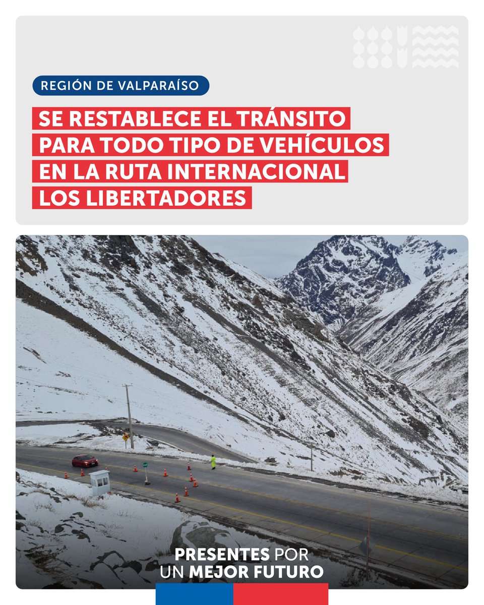 mop_chile's tweet image. #MOPinforma | A contar de hoy 14 de julio se restablece el tránsito en ambas direcciones para todo tipo de vehículos en la ruta internacional Los Libertadores. 

🕜Horario: desde las 8:00 hasta las 20:00 horas 
🚧Cierre de barreras: 18:00 en Guardia Vieja y Uspallata