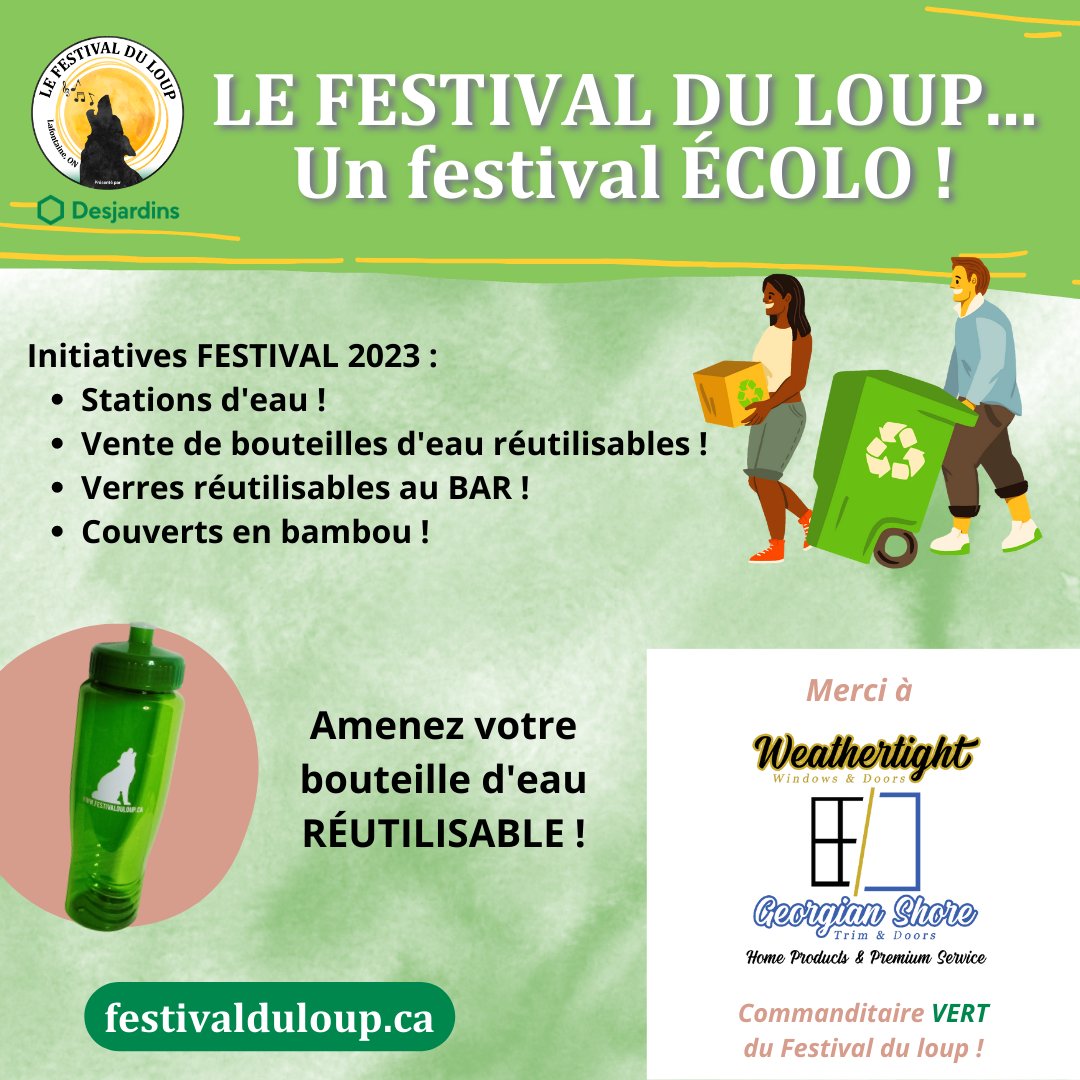 Un grand merci à #WeathertightWindowsAndDoors / #GeorgianShoreTrimAndDoors, commanditaire «Maître-Loup» et commanditaire *VERT* du #festivalduloup !

💧AMENEZ VOTRE BOUTEILLE D'EAU RÉUTILISABLE AU FESTIVAL ! 💧

weathertightwindowsanddoors.com

#festivalduloup
#lafontaine
#festivalecolo