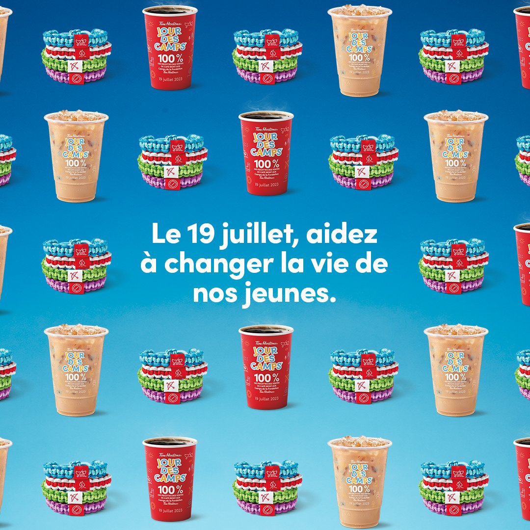 À vos agendas! Le #JourDesCampsTim approche. Le 19 juillet seulement, 100 % des recettes de nos cafés chauds ou glacés et des recettes nettes des bracelets seront versées aux @campstim pour aider à changer la vie de nos jeunes. Notez bien la date. 🗓️✍️