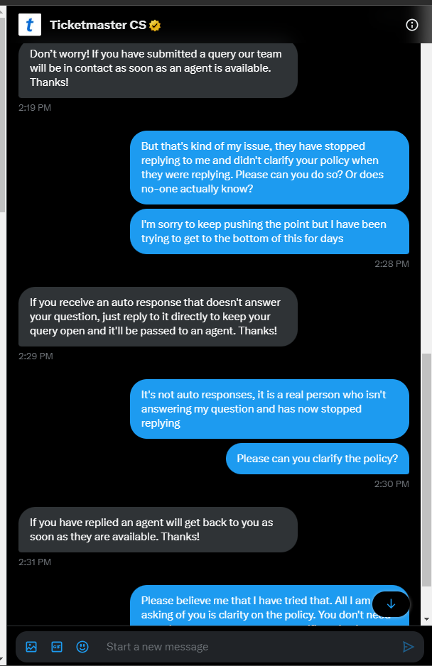 jennifermoorman's tweet photo. @TicketmasterCS Hey! Am I speaking to a bot on your chat? I just want a straight answer... this has been days of you ignoring me, or evading the question on both twitter and your webform.  #TaylorSwiftErasTour #taylorswifttickets #TaylorSwift #Ticketmaster https://t.co/kFgRXfJnOb