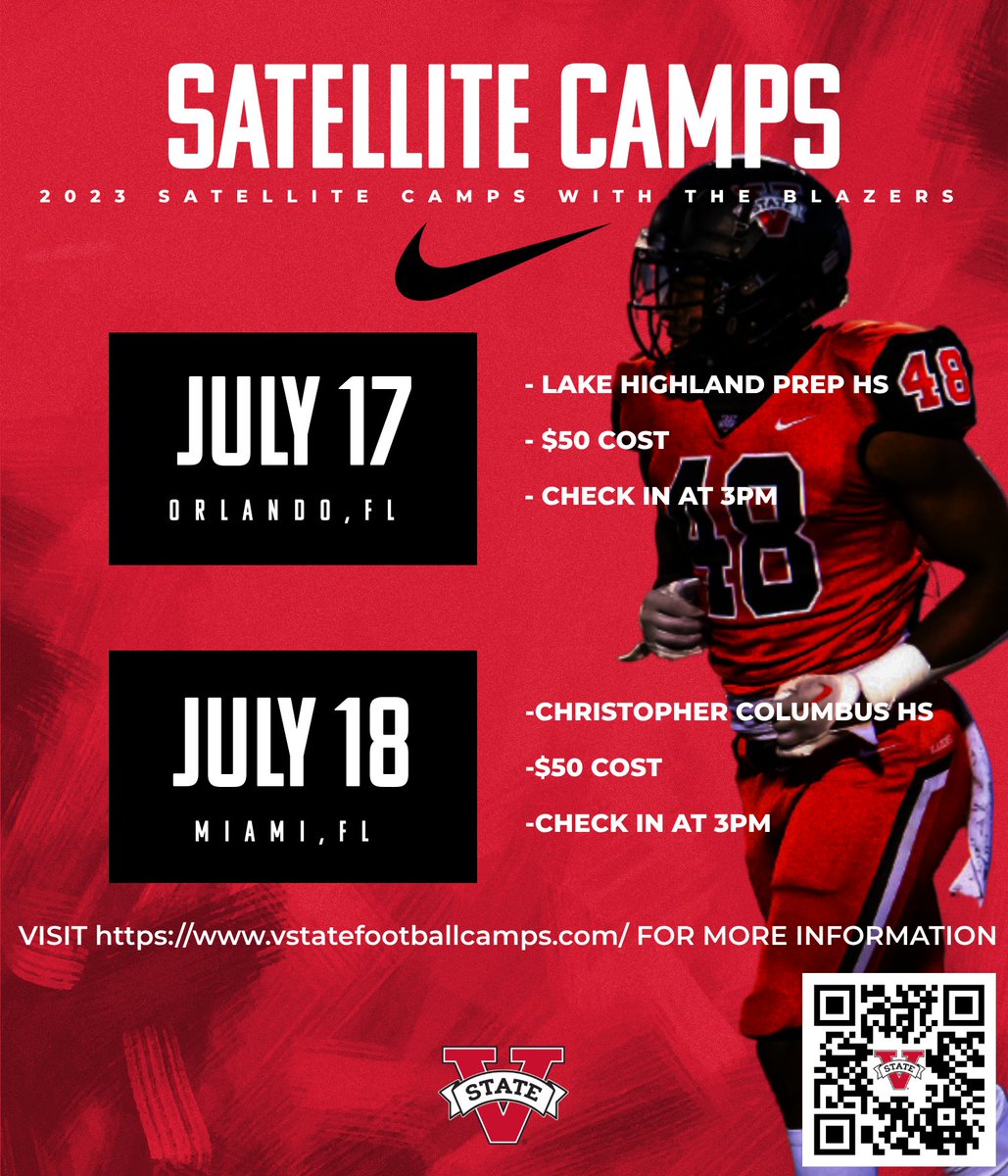 🚨REMINDER🚨 Pre-Registration for both camps will end Sunday (7/16) at Noon. We will accept walkups the day of camp ($60 Cash or Cashapp) Get signed up and come ball in front of the Blazers Coaching Staff #RLW #KTF Link to Sign up⬇️ vstatefootballcamps.com/florida-showca…