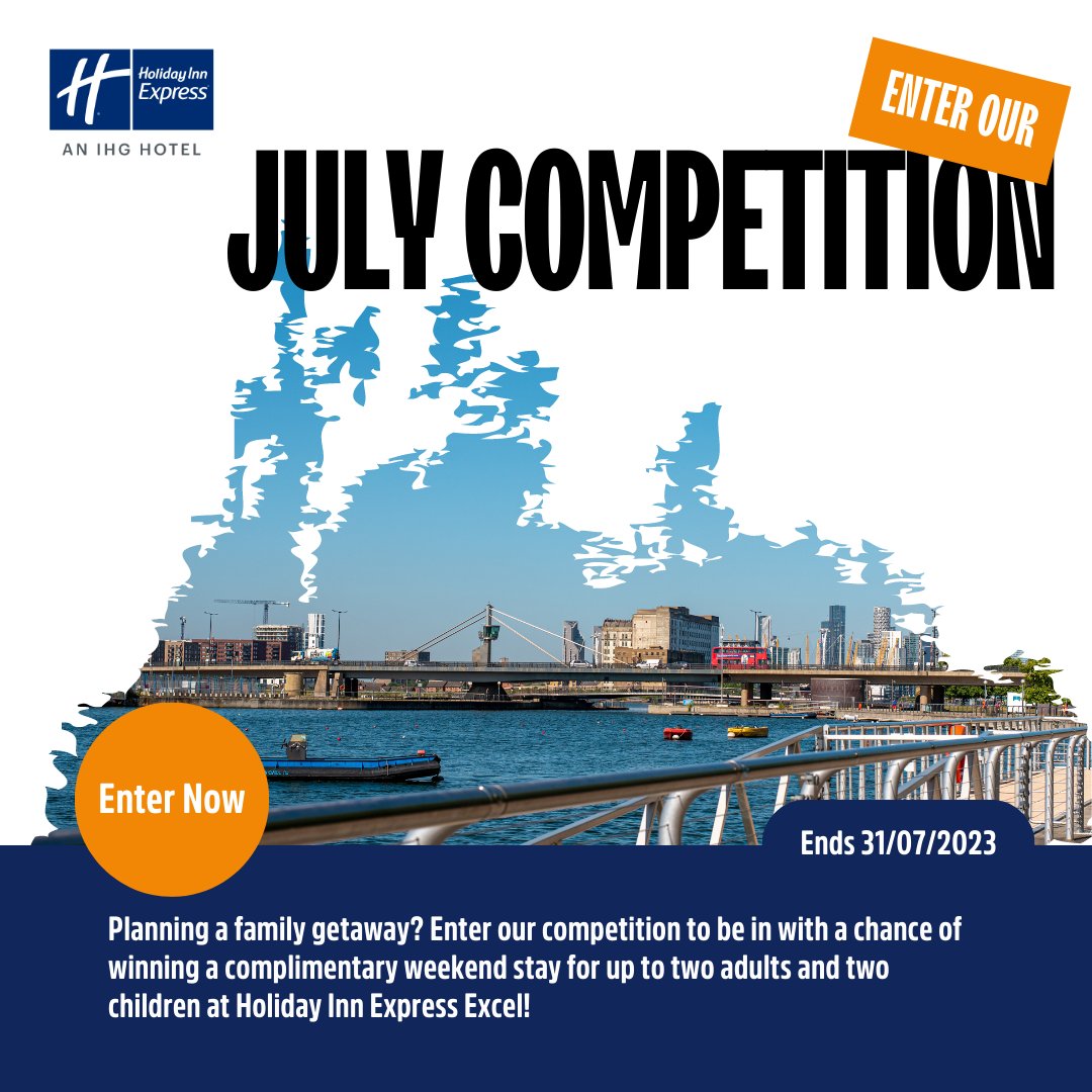 HIExpressExCeL's tweet photo. Planning your summer getaway? 🤩
Enter our competition for a chance to win a weekend stay for you and your family at Holiday Inn Express London ExCel! 🌇
To enter:
1️⃣ LIKE this post
2️⃣ SIGN UP here → https://t.co/f500BNi9pR
Competition ends 31/07/2023
T&amp;C apply
#JulyCompetition https://t.co/mzbGcFlW8S