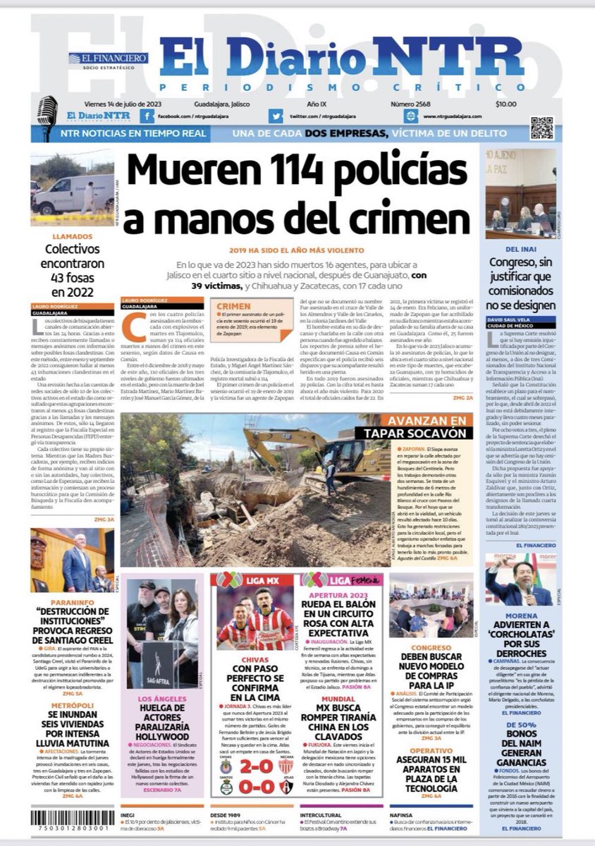 Buenos días. En nuestra portada de hoy, en lo que va del gobierno de <a href="/EnriqueAlfaroR/">Enrique Alfaro</a> han sido asesinados 114 policías <a href="/laurorodriguez_/">Lauro Rodríguez</a> <a href="/NTRGuadalajara/">El Diario NTR Guadalajara</a>