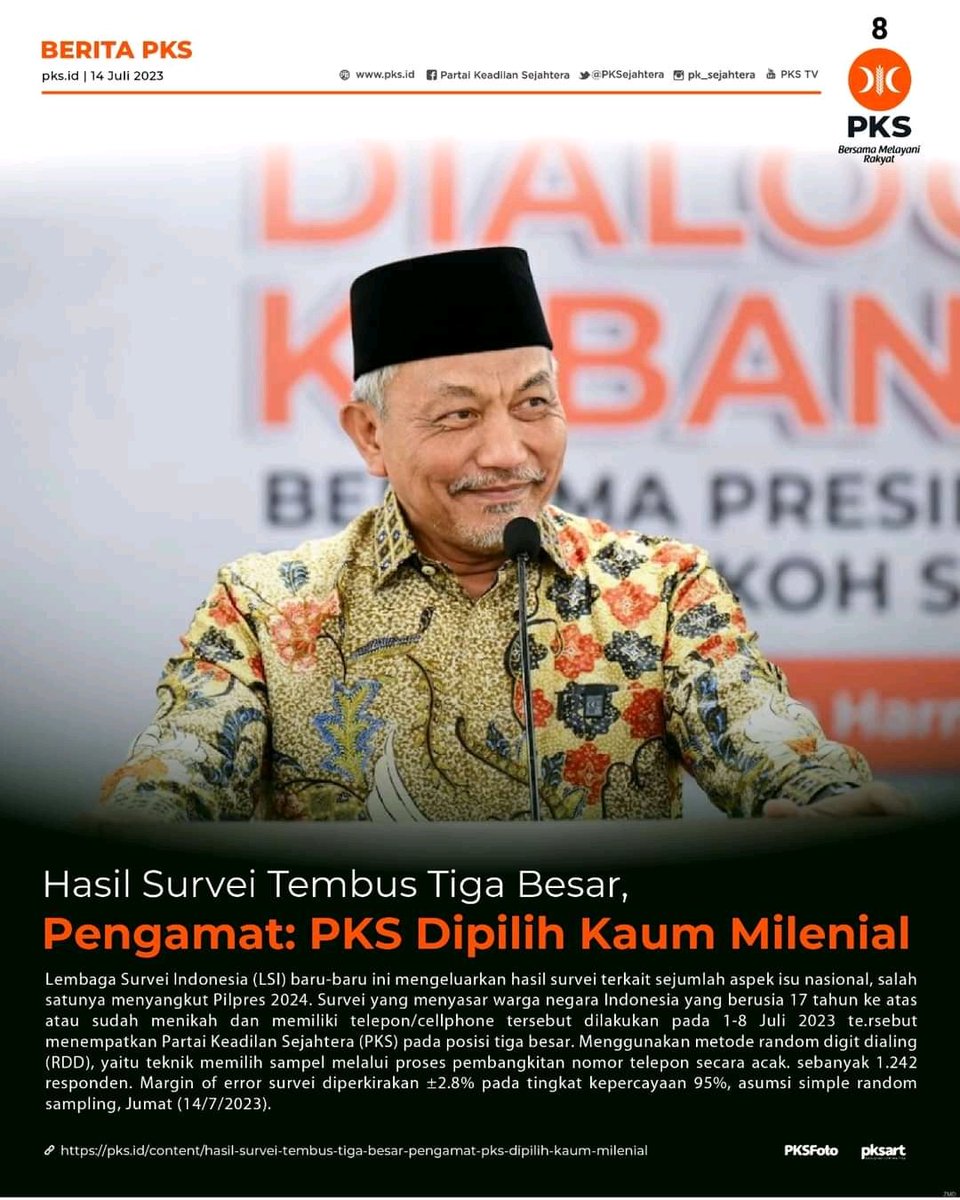 Hasil Survei Tembus 3 Besar, Pengamat : PKS Dipilih Kaum Milenial. 

#PKSpembelaRakyat