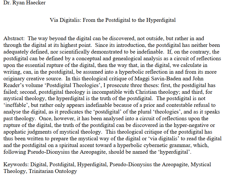 RyanHaecker's tweet image. After passing peer-review, I have now submitted the final corrections for my new article, 'Via Digitalis: From the Postdigital to the Hyperdigital', in which I argue, against @maggisb25 &amp;amp; @DrJohnReader, that the #Hyperdigital is the truth of the #Postdigital. @HyperdigitalDes