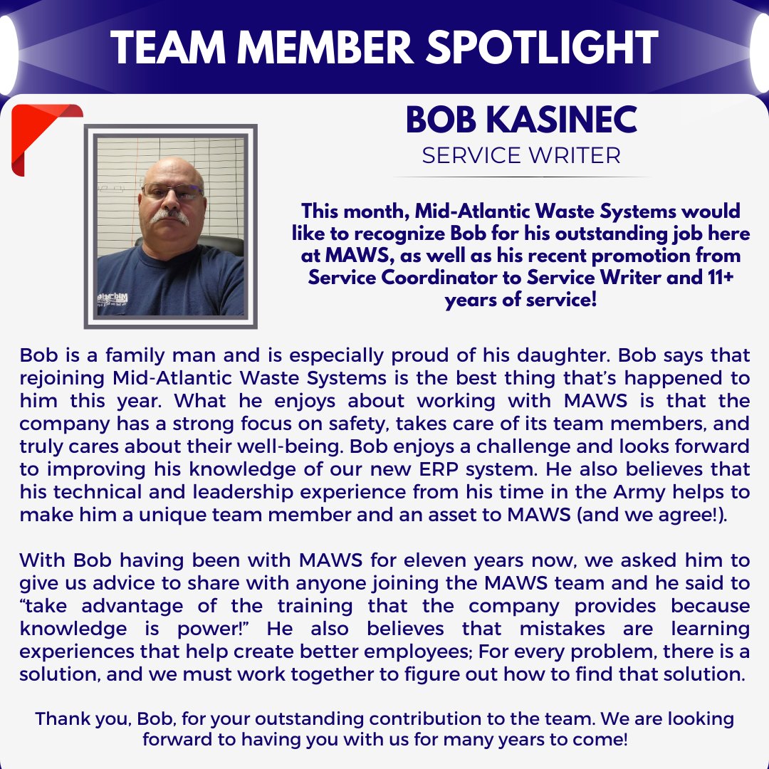 MAWasteSystems's tweet photo. This month, Mid-Atlantic Waste Systems would like to recognize Bob for his outstanding job here at MAWS, as well as his recent promotion from Service Coordinator to Service Writer and 11+ years of service! Thank you, Bob, for your outstanding contribution to the team! https://t.co/hAjPquFVsT