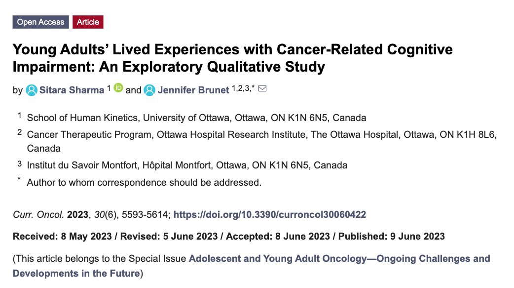 📣 New publication alert! <a href="/sitarashar/">Sitara Sharma</a> &amp; @brunet_jen reveal young adults’ lived experiences with cancer-related cognitive impairment, including cognitive-behavioural self-management strategies &amp; recommendations for improving care
 
Read more: bitly.ws/JSYT

<a href="/uOHealthRes/">uOttawa FHS Research/ FSS Recherche Santé</a>