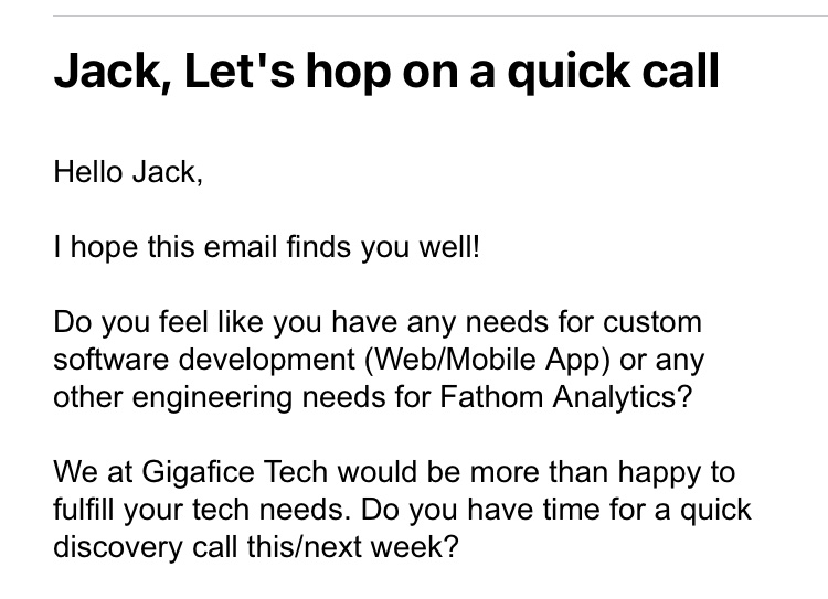 JackEllis's tweet photo. I receive emails like this constantly and I’m so tired of them. There is zero downside for the spammers sending them and I think that needs to change.

Please can somebody build a service that generates a fake 300 page PDF specification that I can send back to these people? https://t.co/epsO5xuBLy