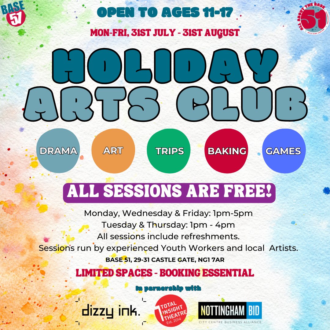 base51's tweet photo. Delighted that thanks to funding from @NottinghamBID and @TNLComFund our Holiday Club is now completely FREE!  Open to 11-17 year olds!    
Book: https://t.co/ajIzSo0DsH

See more art programmes available here: https://t.co/eqESmyBi8k

#notingham #summerholiday #artsclub https://t.co/tEQQ1TY9cb