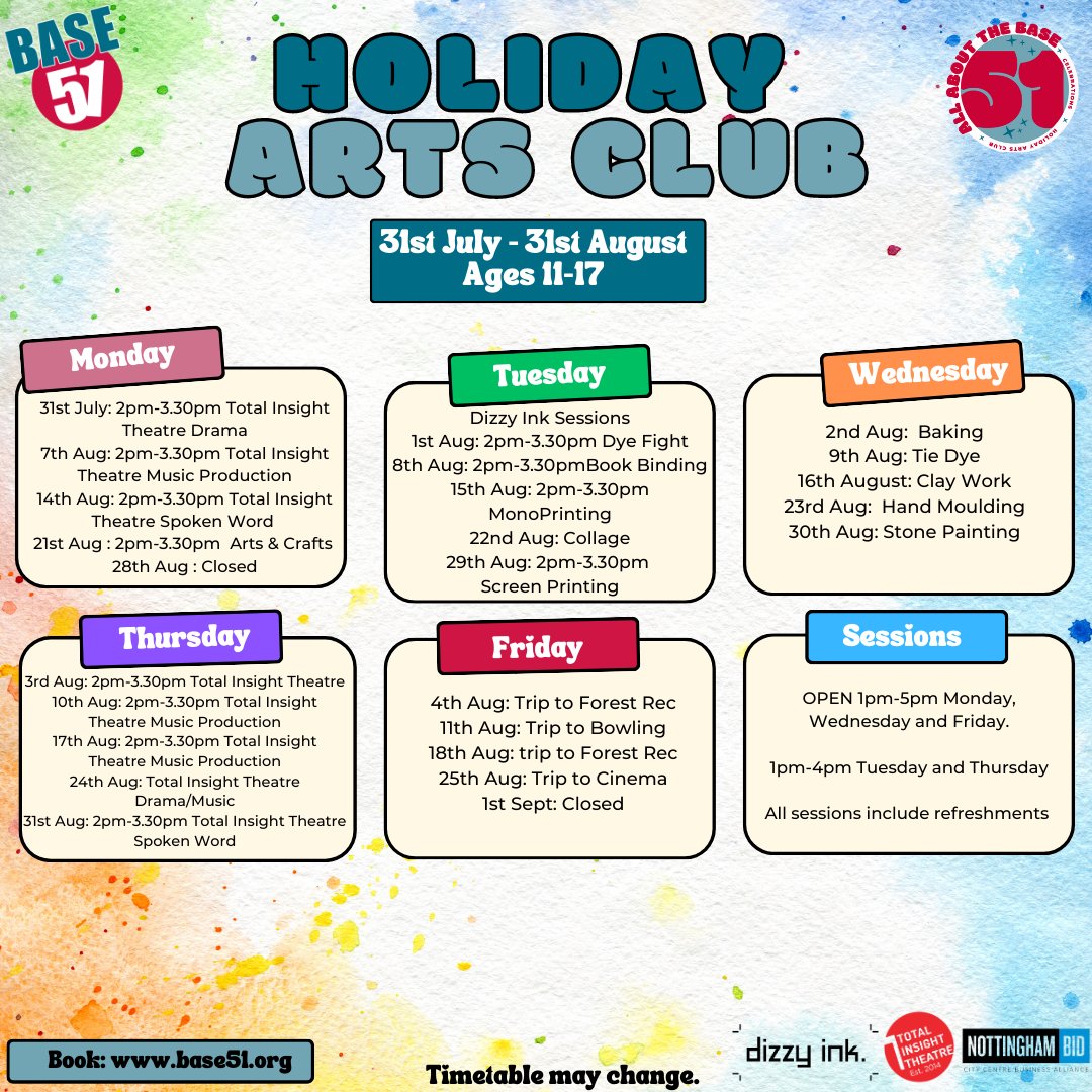 base51's tweet photo. Delighted that thanks to funding from @NottinghamBID and @TNLComFund our Holiday Club is now completely FREE!  Open to 11-17 year olds!    
Book: https://t.co/ajIzSo0DsH

See more art programmes available here: https://t.co/eqESmyBi8k

#notingham #summerholiday #artsclub https://t.co/tEQQ1TY9cb