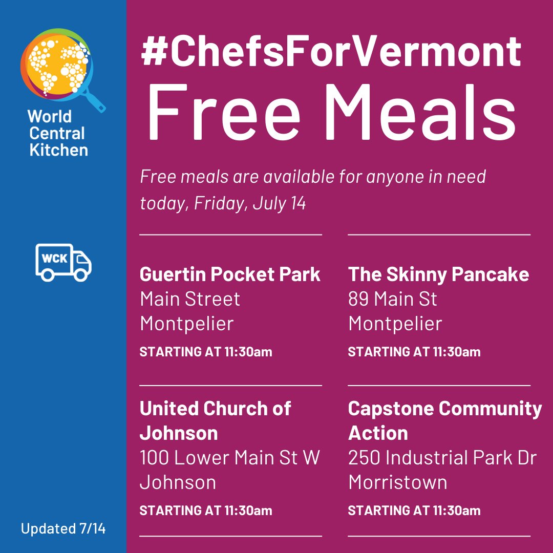 WCKitchen's tweet photo. Free meals will be available starting at 11:30am today at the following locations for anyone impacted by the flooding in Vermont!
#ChefsForVermont https://t.co/ytqFAs5afZ