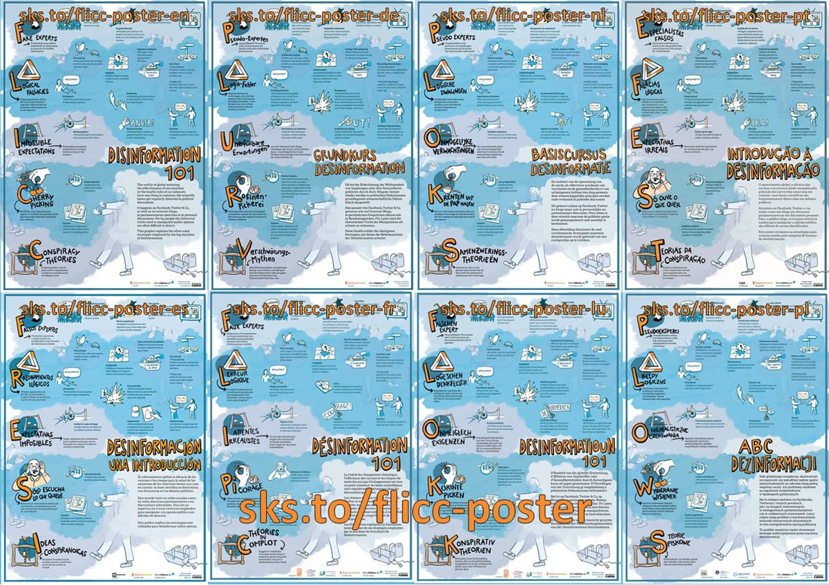 The popular #FLICC poster explaining many disinformation techniques and created in collaboration with <a href="/klimafakten/">Klimafakten</a> is now also available in French (#FLIPiC), Luxembourgish (#FLOKK) and Polish (#PLOWS). Find all the links for downloading @
sks.to/flicc-poster?s…