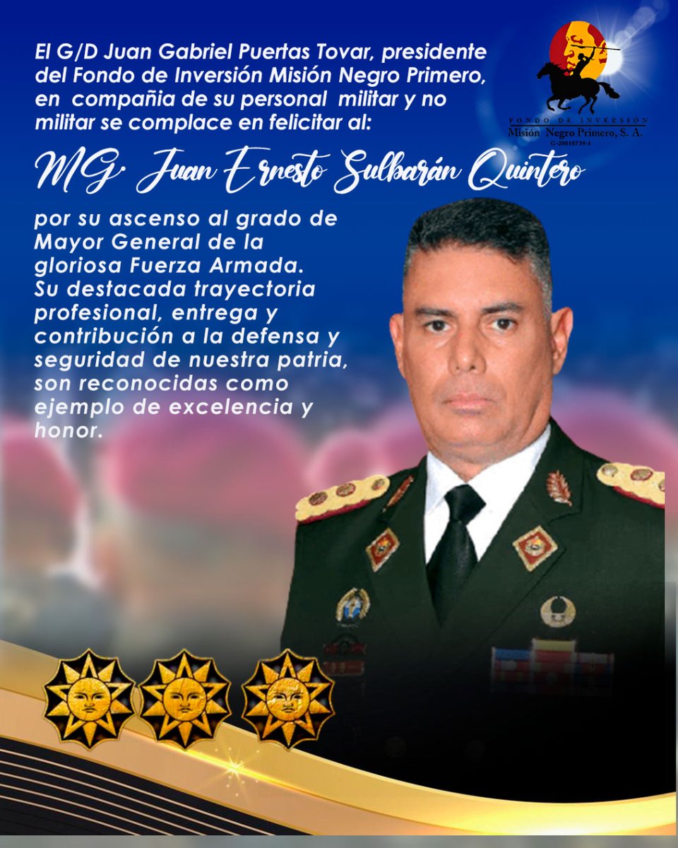 Negro1ro_FANB's tweet photo. Felicidades por su merecido ascenso al grado de Mayor General de nuestra gloriosa Fuerza Armada.

Honor y Gloria!

Leales Siempre!!!

#somosfanb #FIMNPSA #fanb #ascensos #mayorgeneral https://t.co/TiZYlFWBrG