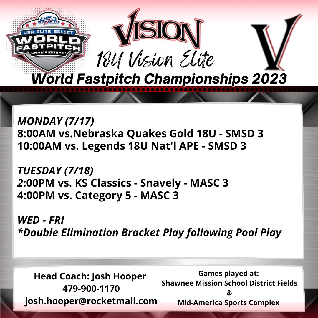 Finishing up our season next week <a href="/usaeliteselect/">USA Elite Select</a> World Fastpitch Championships in Kansas City! <a href="/FastpitchVision/">Vision Fastpitch</a>