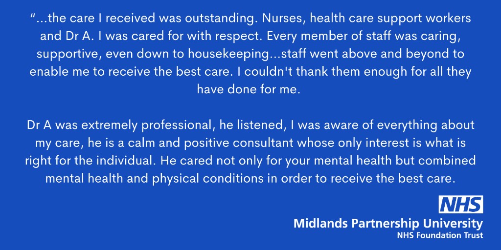 mpftnhs's tweet photo. Proud to share #feedbackfriday for Chebsey House at St. George’s Hospital in Stafford, which offers inpatient care for adults with acute mental health needs.

Congratulations team Chebsey - great work! 👏 Living #MPFTValues #ListenAndEnage #Respectful #CaringAndCompassionate 💙 https://t.co/JpQxuJ3Wy2