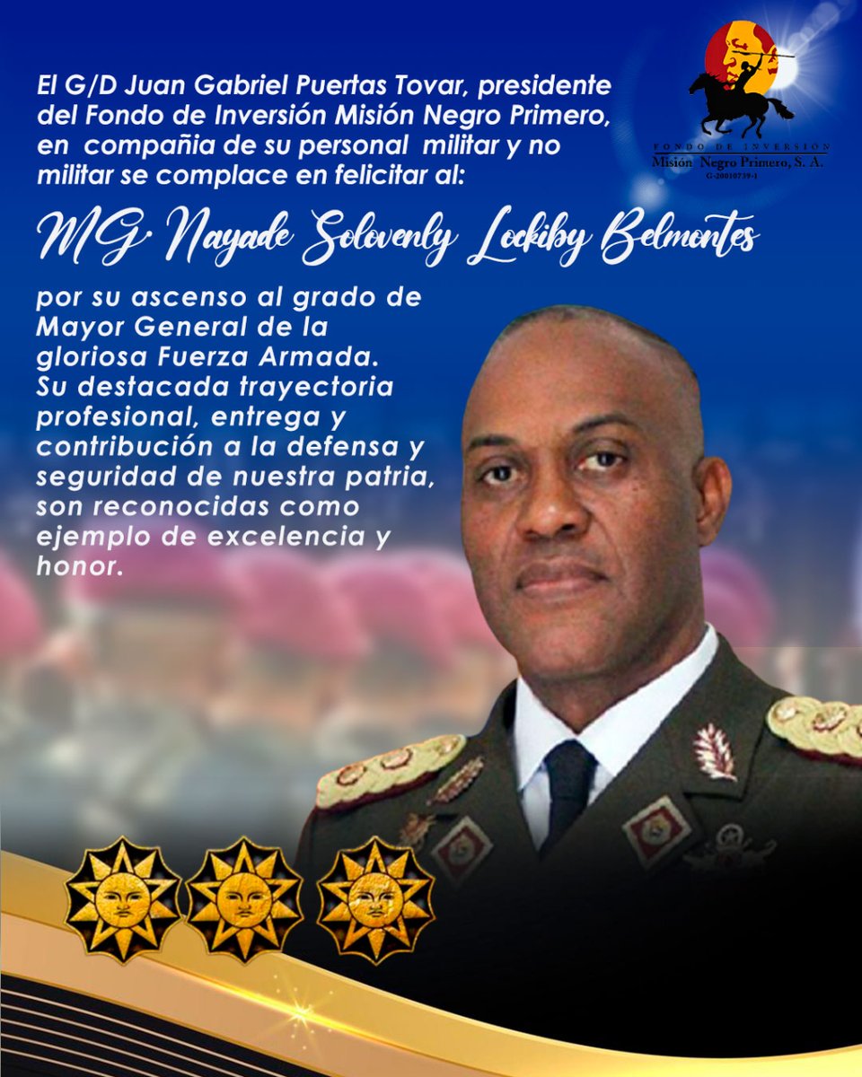 Negro1ro_FANB's tweet photo. Felicidades por su merecido ascenso al grado de Mayor General de nuestra gloriosa Fuerza Armada.

Honor y Gloria!

Leales Siempre!!!

#somosfanb #FIMNPSA #fanb #ascensos #mayorgeneral https://t.co/gYybGE48B0