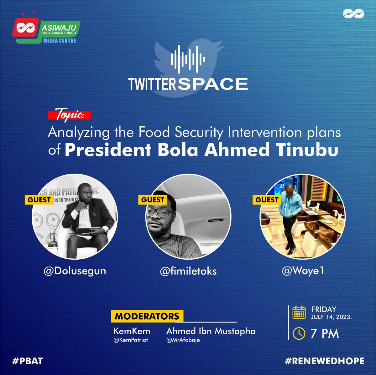 __yellows's tweet photo. Hello Everyone,
Do join @ABATMediaCentre Twitter Space tonight by 7pm as we analyze the Food Security Intervention plans of President Bola Ahmed Tinubu.
Our guests are @DOlusegun, @fimiletoks and @woye1
@MrAfobaje & @KemPatriot will be moderating.
Stay tuned!
#ABATSpaces https://t.co/vXF3rpdwbf
