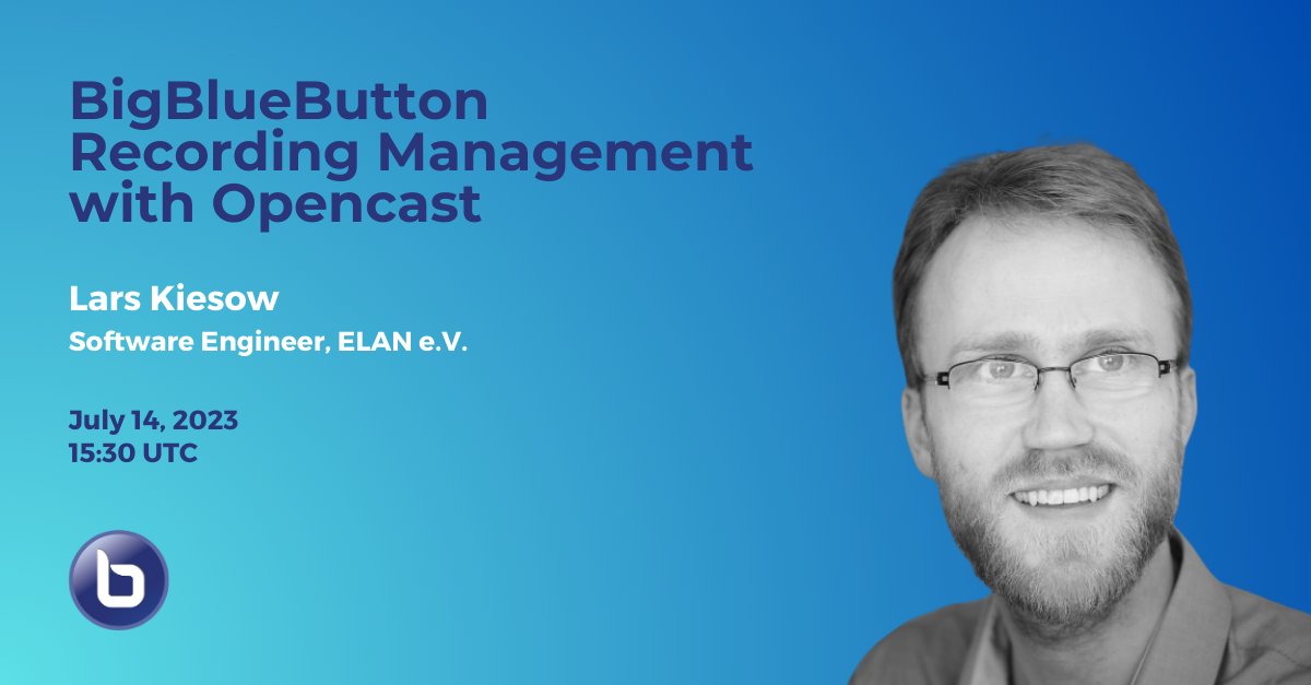bigbluebutton's tweet photo. 🎉Welcome to Day 3 of #BigBlueButtonWorld!
At 15:30 UTC, @larskiesow will present on #Opencast's integration with #BigBlueButton. It can run BigBlueButton as a stateless video conferencing cluster while managing recordings on a separate system.
Register:
https://t.co/lONLCDrLCT https://t.co/XnuGcxNa6D