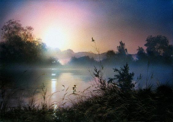 It's rather like watching 
the art of morning
emerging in the form
of a living painting
noting the dissipating dark
as mist and fog roll back
to reveal a pastel palette
of ascending light and color
the sun's glimmer
mirrored on still water-
and I, so awed by dawns splendor..

~cf