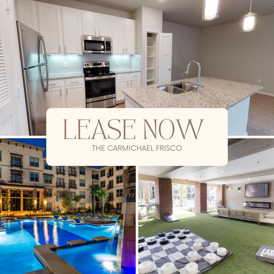 From 1 to 2 bedroom apartments, pool side views, and a yard area to entertain. Stop by today for a tour! #carmichaelfrisco #luxurylife #1/1 #2/2 #whitecabinets #expressocabinets #poolside #courtyardview #yard #cornhole #puttput