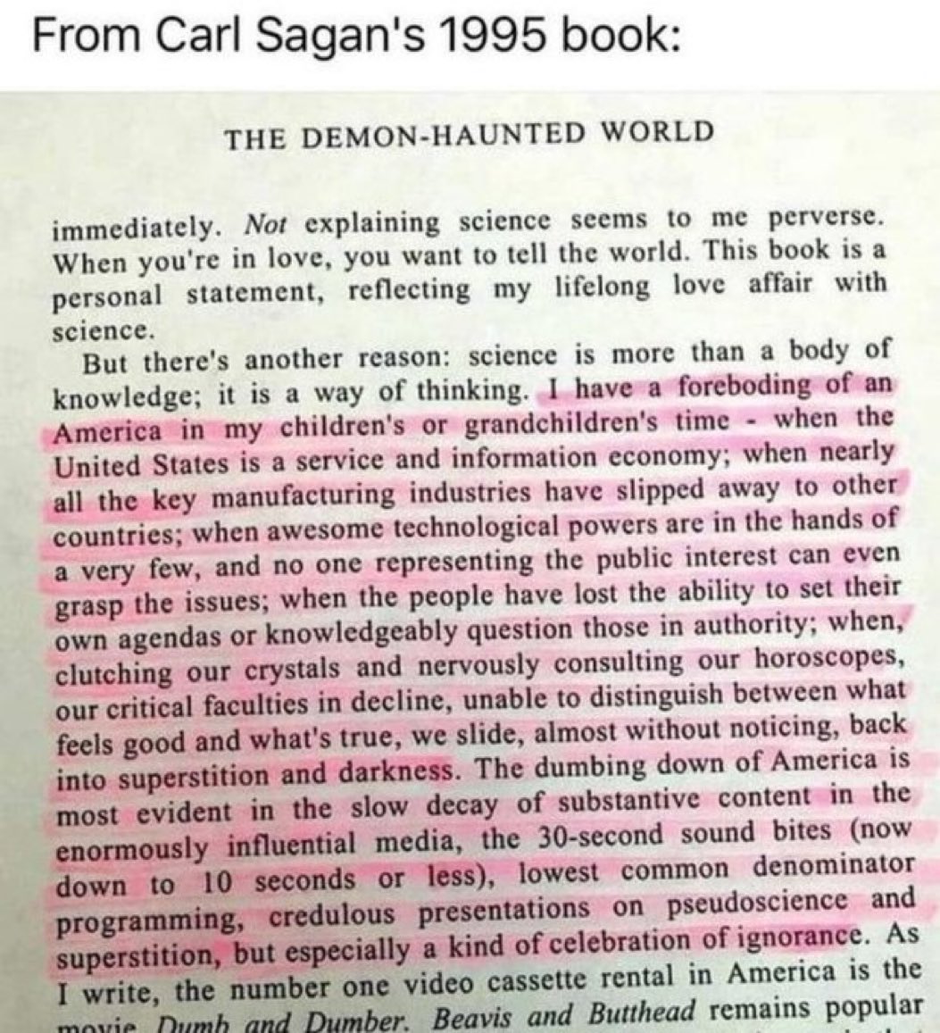 highbrow_nobrow's tweet image. 📕In 1995, American astronomer Carl Sagan predicted what a future American society could look like.

His forecast has proven prescient. Read below.