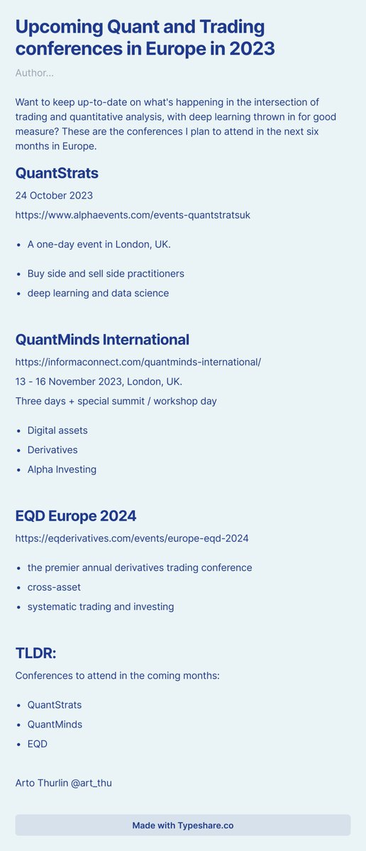 #QuantitativeFinance #conferences to attend in the next few months in Europe:
@quantstrats 
@QuantMinds 
@EQDerivatives