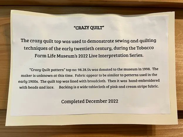 It’s #FabricFriday! Today, we’re showing off our pride and joy, the Crazy Quilt. This lovely quilt greets newcomers to the Tobacco Farm Life Museum. Quilts like this showed the sheer ingenuity of early farm families – the backing is a tablecloth!
#VisitJoCo #QuiltingHistory