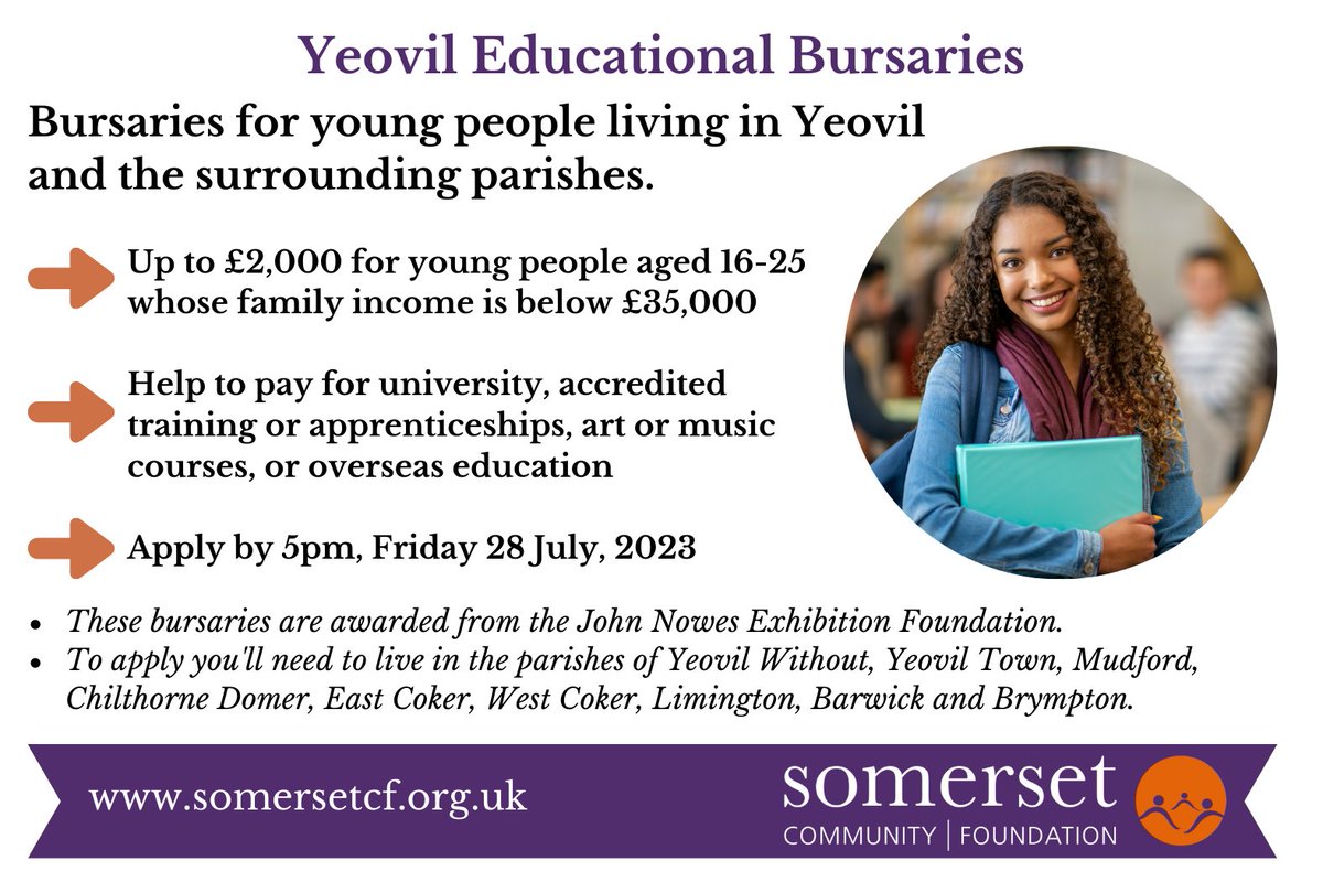 👨‍🎓Could a bursary help you, or a young person you know, who lives in the Yeovil area? *Yeovil Educational Bursaries* are for individuals aged 16-25 whose family income is below £35K. 💷Up to £2,000, available now. Find out more before Friday 28 July: somersetcf.org.uk/yeovilbursaries