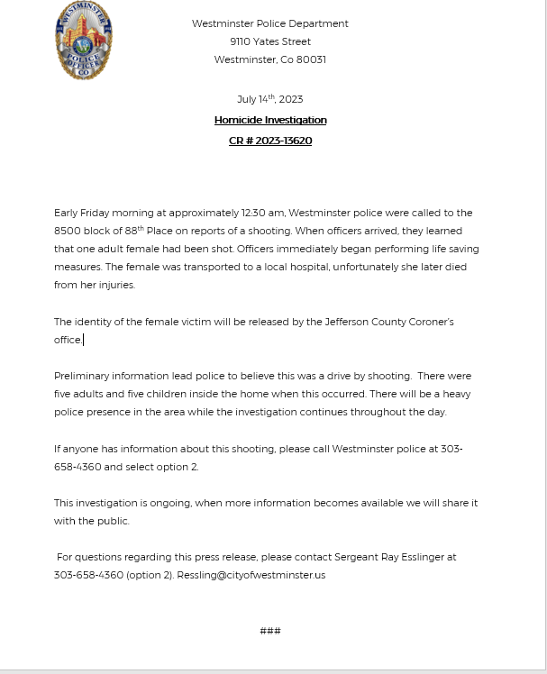 WestminsterPD's tweet image. ### Press Release###
Homicide Investigation