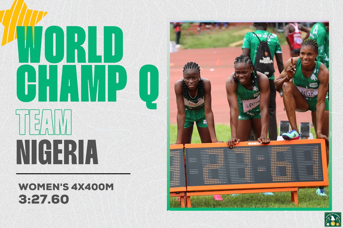 Off to Budapest ✈️✈️

Team Nigeria's quartet of Omolara Omotosho, Patience Okon-George, Ella Onojuvwevwo &amp; Imabong Uko got round the baton, running a Season's Best of 3⃣:2⃣7⃣.6⃣0⃣ to move up to 14th and punch their ticket to the World Championships. Team Ghana finished 4th.