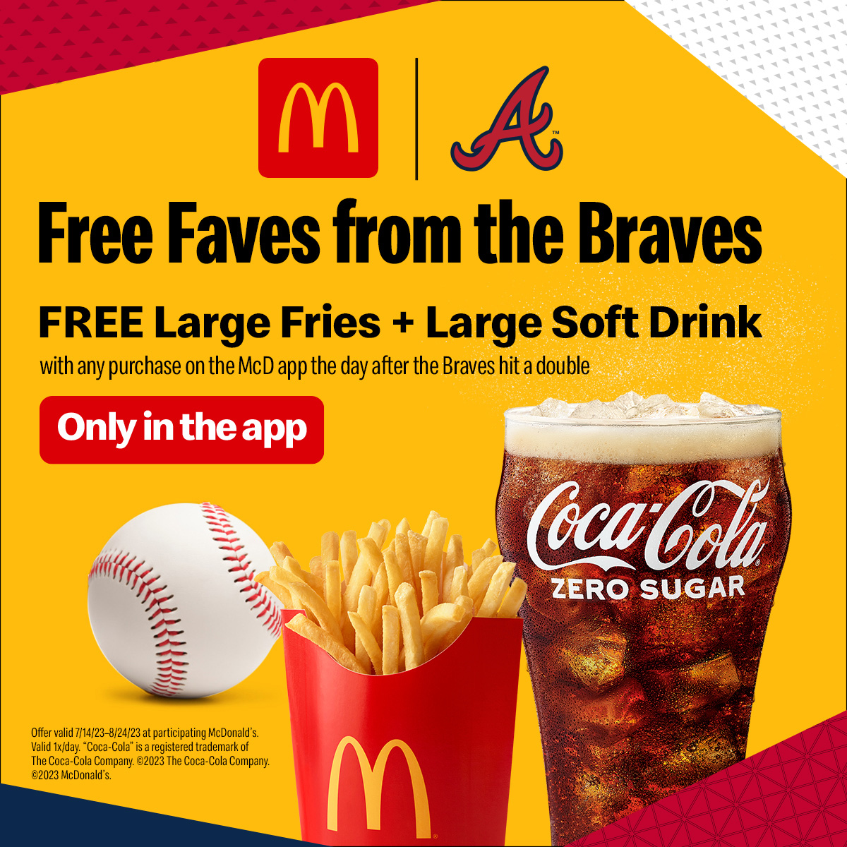 Braves's tweet photo. The #DoubleUpDeal is BACK!
Starting today through August 24: Any day after a #Braves player hits a double you can get a free drink and large fries with another purchase at participating @McDonalds! https://t.co/daQCC9yxiI