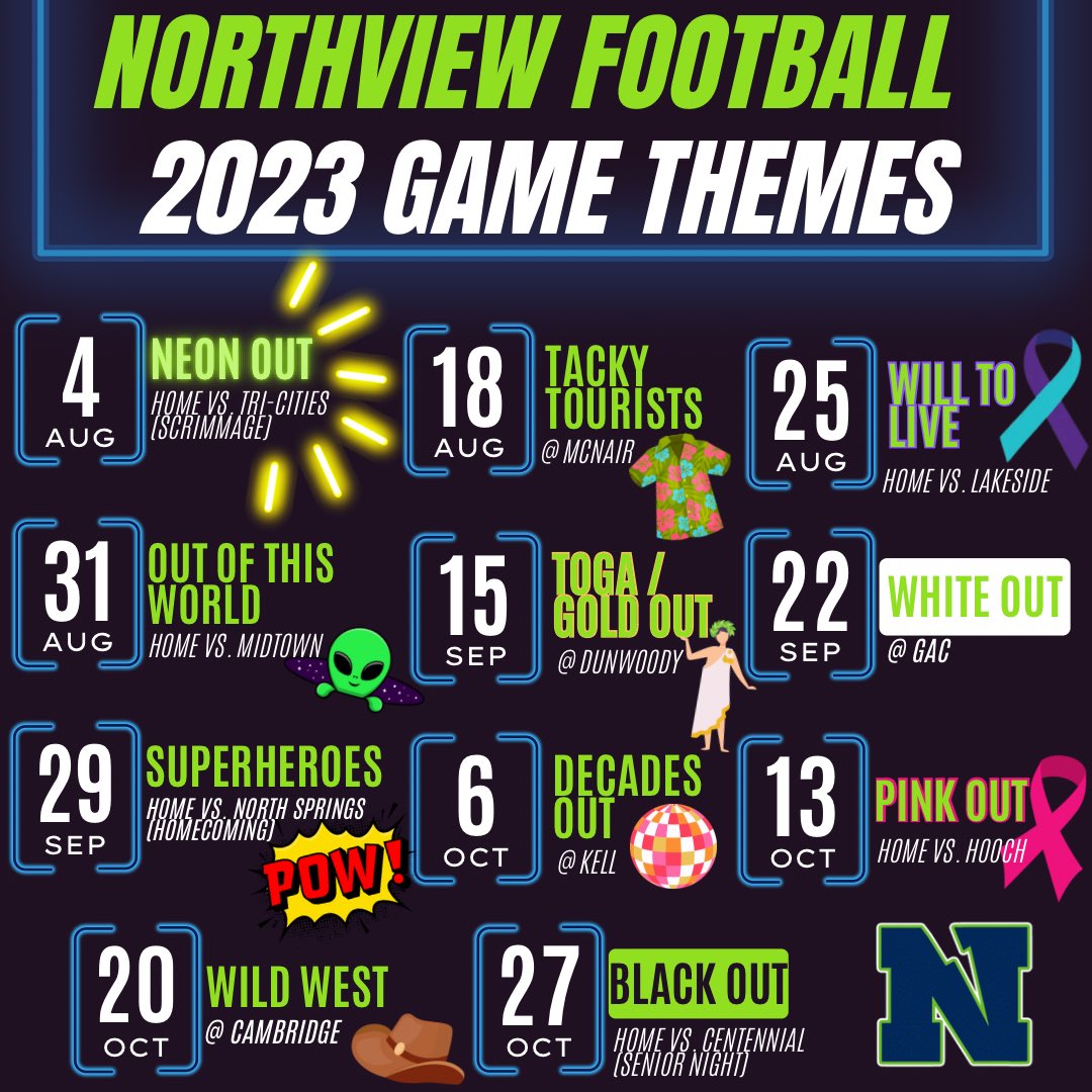 Scrimmage is only 3 weeks away so……. here are your 2023 Northview Titans Football Game Themes! 🏈⚡️💙💚 #GoTitans #boltsup