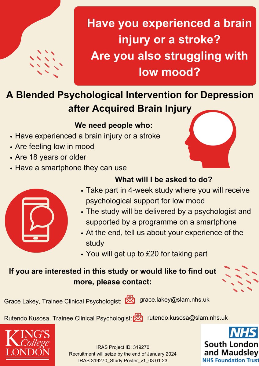 🚨🗣NEW RESEARCH ALERT!
We are now RECRUITING into our study looking at a blended psychological therapy approach for depression or low mood after brain injury or stroke

Participants will get 4 Weekly Therapy Sessions and Access To A New Mobile Phone Therapy App! Get in touch! 📩